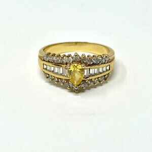 Gold Tone Pear Shaped Citrine Colored Baguette and Round CZ Ring Size 10 Glam